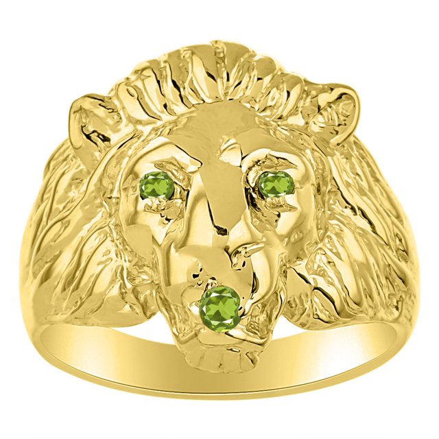 RYLOS Gold Plated Silver Lion Head Ring Color Stone Birthstones Eyes and Mouth Fun Designer Rings Peridot Jewelry Size 10