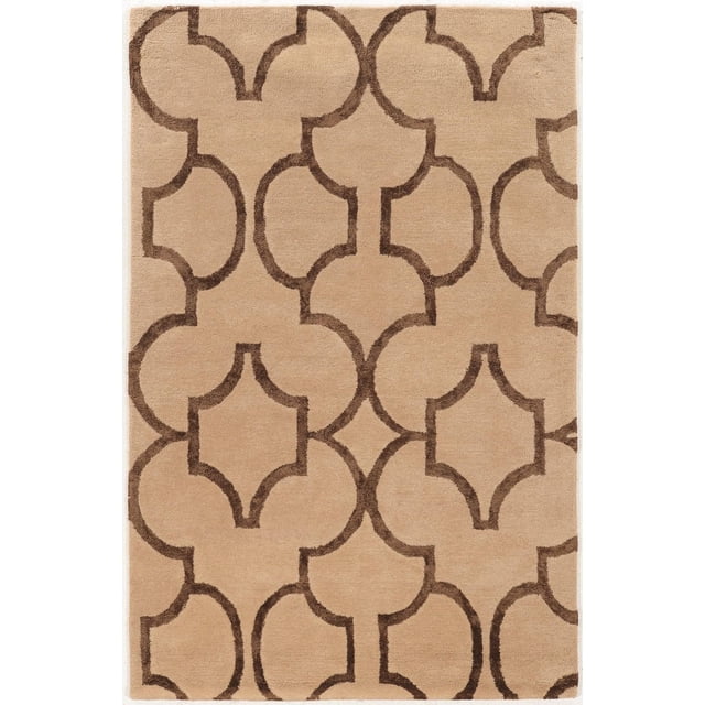 Aspire Wool Geo Beige & Brown 5' x 8' area rug with a plush hand-tufted 100% wool pile in beige, featuring oversized brown geometric patterns and subtle faux silk accents. The rug includes a latex and cotton backing and is suitable for adding warmth and style to small rooms or defining larger spaces.