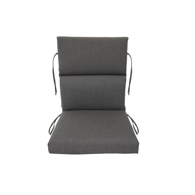Sunbrella Highback Cushion in grey, measuring 44 x 21 x 3.75 inches, made from durable Sunbrella fabric with 100% polyester filling, featuring side ties to secure to most outdoor chairs, resistant to UV rays and mildew, quick drying, and also suitable as a supportive cushion for indoor seating.