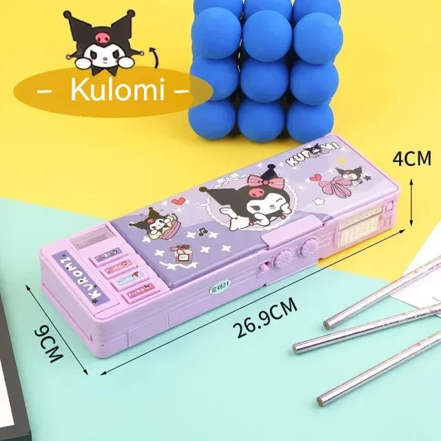 New Sanrio Stationery Box Kuromi Melody Stationery Box with a password lock, featuring a multifunctional design and large capacity. Made of durable plastic, this purple pencil box measures 26.9 cm by 9 cm by 4 cm and showcases Kuromi-themed graphics. Ideal for children’s gifts and school supplies.