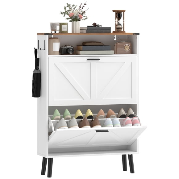 HOMCOM Armoire de Rangement pour Chaussures avec 2 Tiroirs Basculants, Armoire à Chaussures Étroite, Blanc