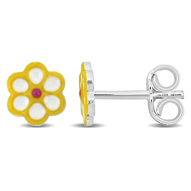 Miabella Yellow Enamel Flower Stud Earrings in Sterling Silver