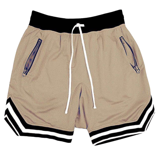 Penkiiy Men's Running Athletic Shorts Mesh Basketball Shorts with 2 Zipper Pockets L Khaki