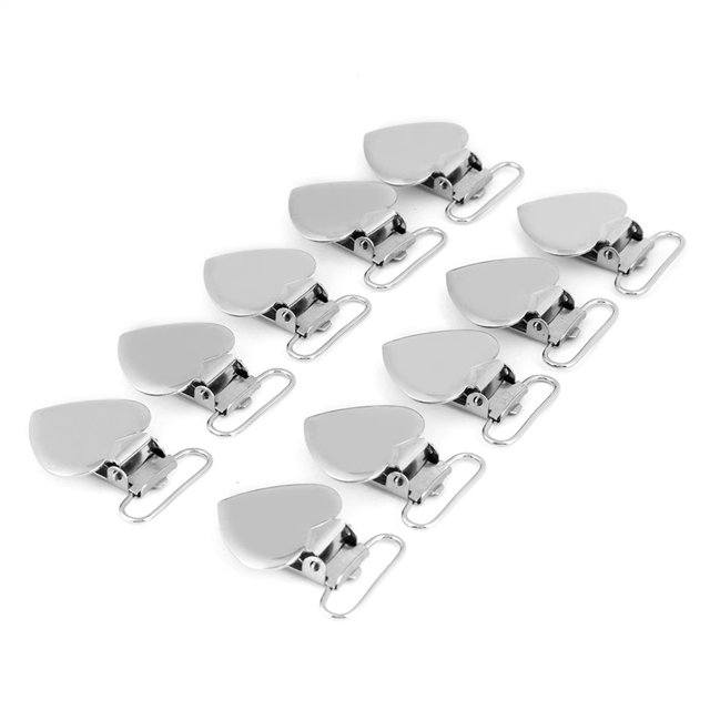 Clips, Suspender Clips, Insert Holder Anti-Lost Holder for Children's Suspenders and Pacifiers. A set of 10 heart-shaped suspender clips made of iron with a silver zinc-plated finish, resistant to rust and featuring a lustrous appearance. Each clip measures 40 x 29mm (1.57 x 1.14 inches) and is designed for versatile use, including securing children's suspenders, pacifiers, or hanging decorations. The clips have a unique metal design, making them easy to use and suitable for various applications.