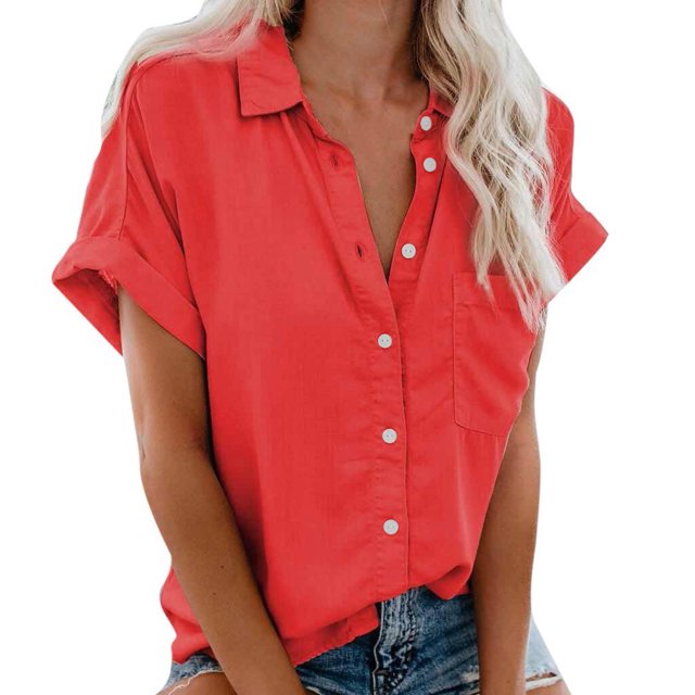 cfhntfmh Button down Shirts for Women Short Sleeve Collared V Neck Blouse 2025 Solid Color Business Tops with Pocket