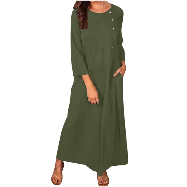 CHOK Robes d'Été Décontractées pour Femmes Robe Haute en Coton Lin Manches 3/4 Ample Légère Longue avec Poches