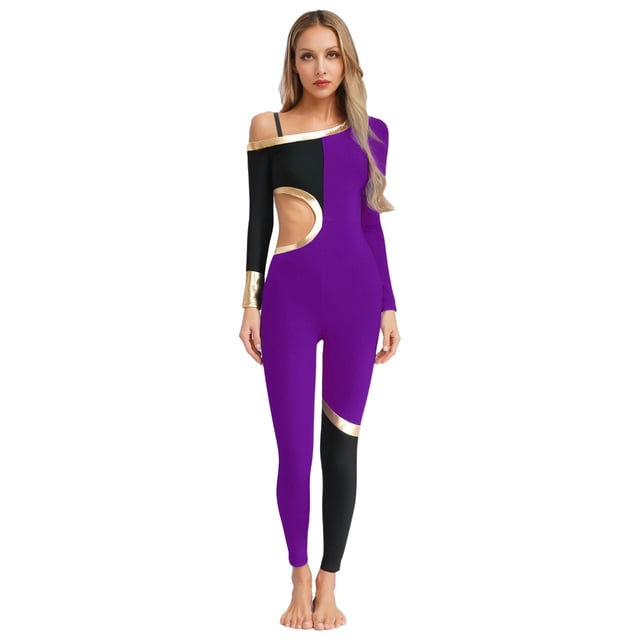 Raenseen Womens' Long Sleeve Unitard Gymnastics Ballet Dance Bodysuit Metallic Color Block Jumpsuit Purple S