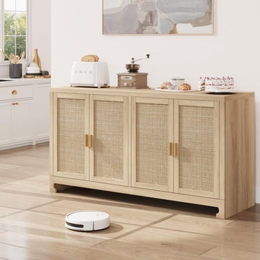 BeesClover Buffet, Armoire de Rangement d'Accent en Rotin avec 4 Portes et Tablette, Buffet Bahut avec Rangement