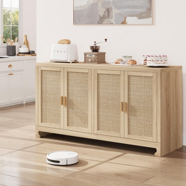 BeesClover Buffet, Armoire de Rangement d'Accent en Rotin avec 4 Portes et Tablette, Buffet Bahut avec Rangement
