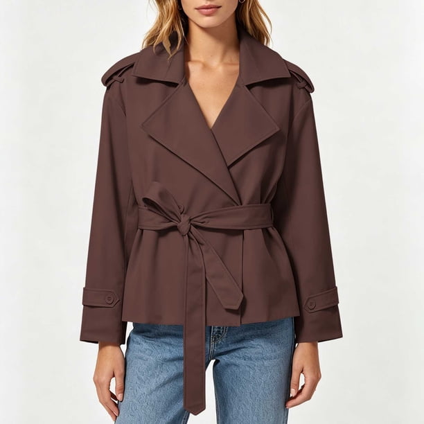 Women Short Trench Coat Lapel Collar Belt Waist Button Lightweight