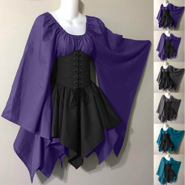 Gspmoly Robes d'Été pour Femmes, Costumes pour Femmes Gothiques à Manches Longues, Robes Corset à Manches Longues, Robe à Col Rond Longueur Genou, Robes d'Été pour Femmes Économies