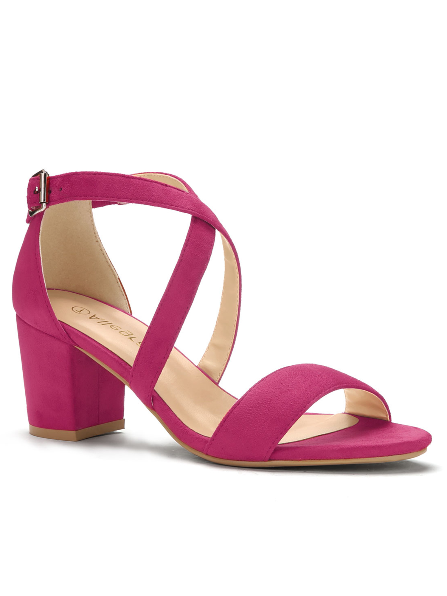 BLISSFUL STEP Women's Open Toe Cross Strap Mid Block Heel Sandals Hot Pink 6