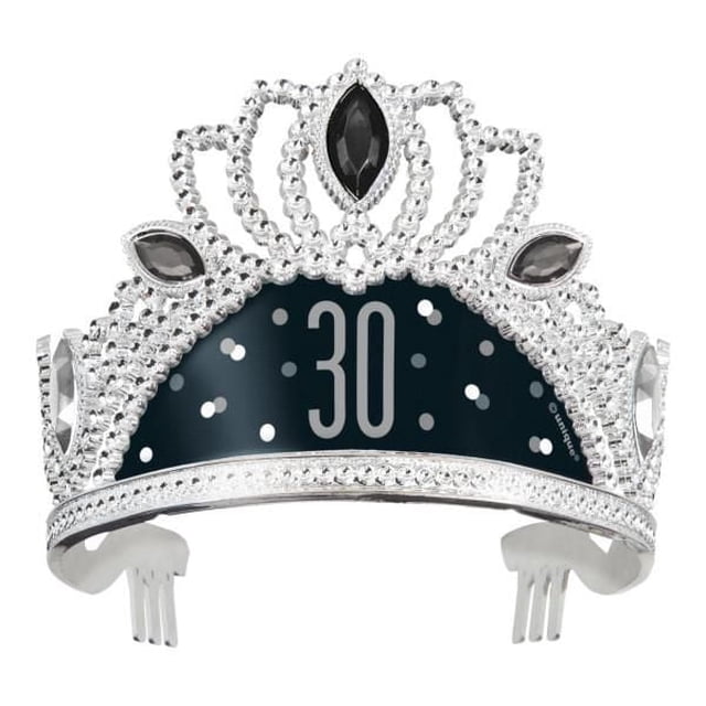 Unique's Birthday Black Glitz Plastic Tiara with Number Stickers featuring a black band with silver confetti dots and the number 30 in silver, framed by a silver plastic tiara with black gem-like accents, suitable for birthday party supplies and customizable party wearables.