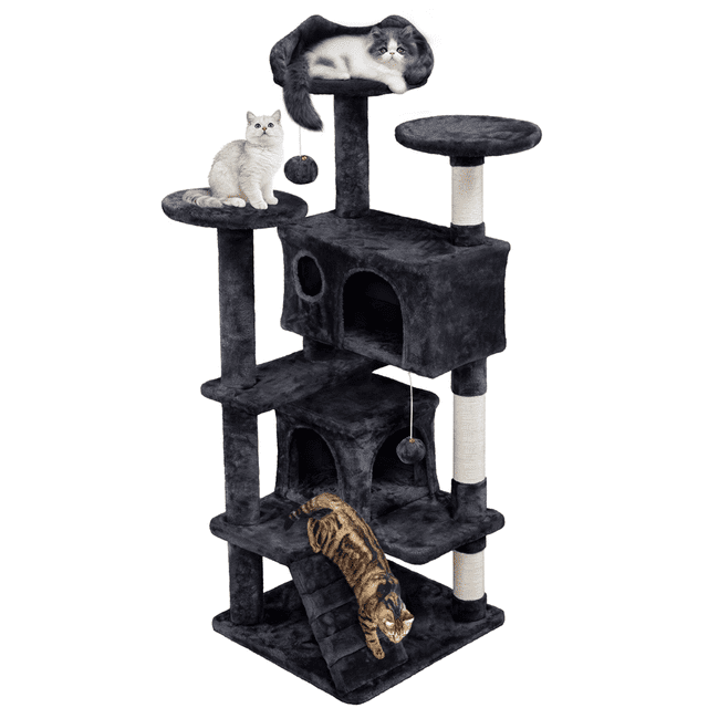Yaheetech 54"H Cat Tree Tower with 3 Scratching Posts in black, featuring a multi-tiered design with three top perches, two cozy condos, and three sisal-wrapped scratching posts. The structure includes a safety strap for wall attachment and is suitable for 2-3 kittens. Made of particleboard, plush, and sisal, it measures 19" L × 19" W × 54" H and supports up to 44 lbs. Cats are shown lounging and playing on the tree.