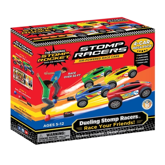Stomp Racers Voitures de Course à Air par Stomp Rocket, Méga Lot de 4 Voitures - Lanceur de Voiture Jouet Stomp Racers pour Duel - Jouets Multijoueurs Amusants pour Cour Arrière et Extérieur, Cadeaux pour Garçons, Filles
