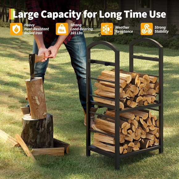 Firewood Rack Double Layer Metal Log Holder with 5-Piece Fireplace Tool Set, Wrought Iron Wood Storage Organizer, 15.7 x 11.8 x 29.5 Inch for Indoor Fireplace or Outdoor Patio