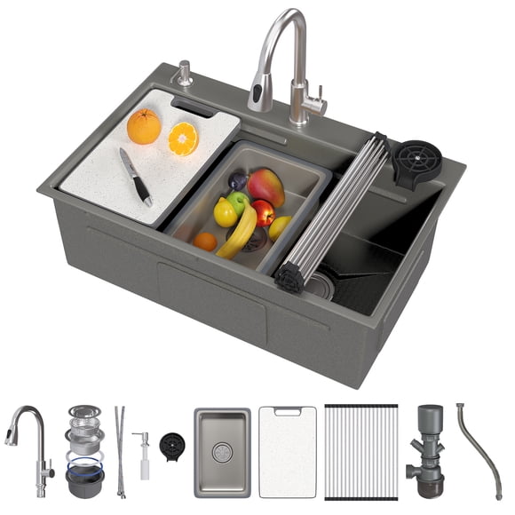 JFHID 33X19 Drop In Kitchen Sink, 304 Stainless Steel Workstation Sink,Topmount Single Bowl with Accessories, with Faucet