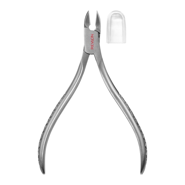 Revlon® Full Jaw Cuticle Nipper with stainless steel blades and clear protective cap, designed for precise trimming of cuticles and hangnails, shown front-facing on white background, ideal nail tool for cuticle care and grooming.