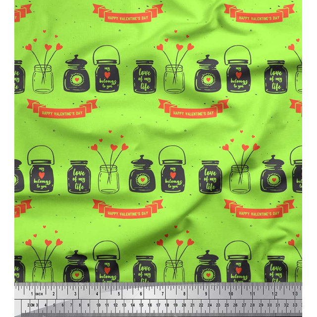 Soimoi Green Cotton Voile Fabric Jar & Happy Valentine Day Text Print Fabric by Yard 56 Inch Wide