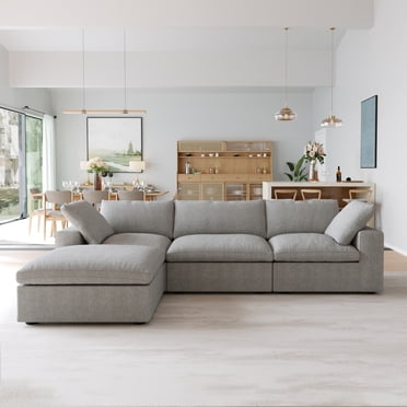 Sodrens Canapé Sectionnel Convertible Libre Canapé Modulaire, Canapé Moderne en L en Tissu de Lin pour Salon, Appartement et Petit Espace, Canapé 3 Places avec Ottoman, Gris Pâle