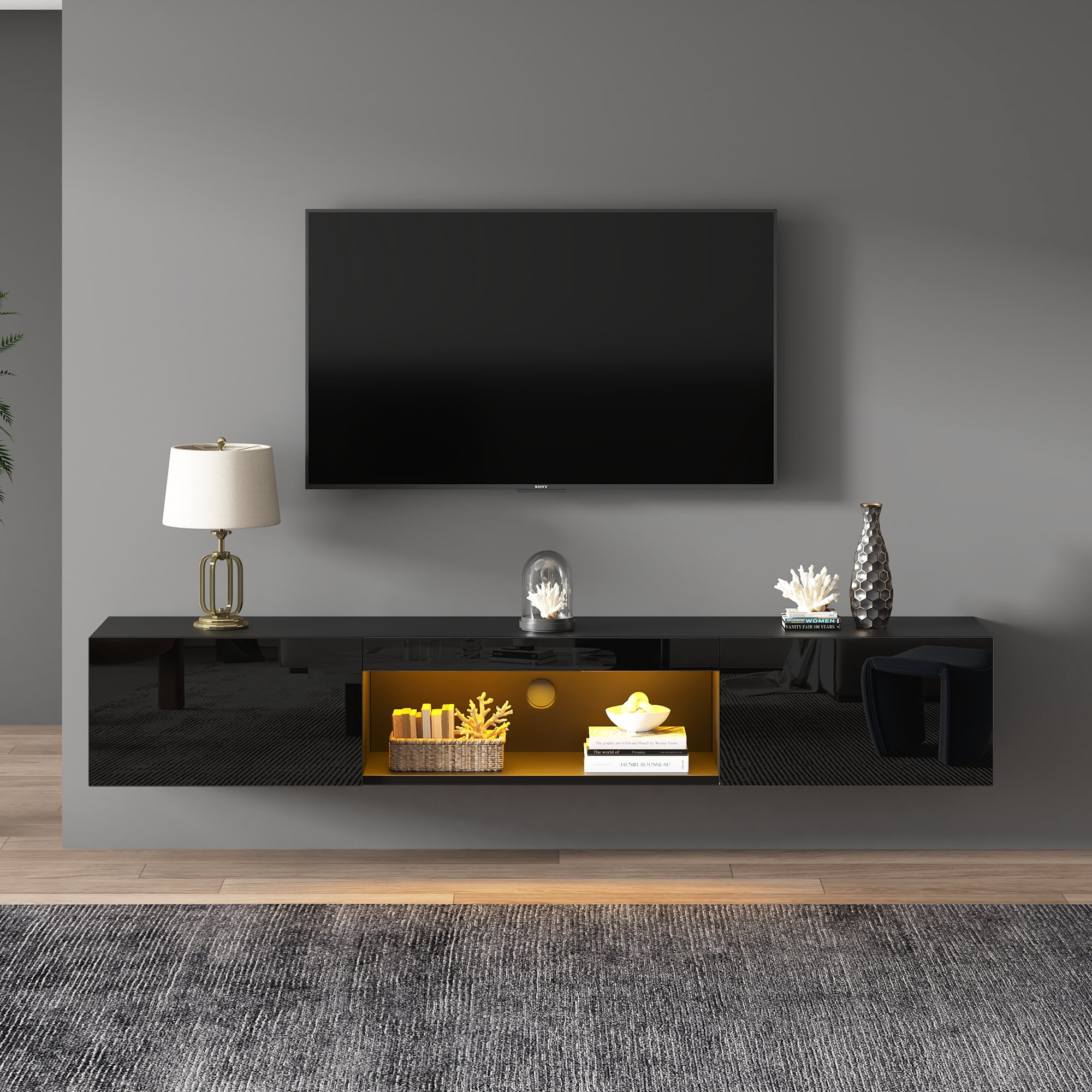 Meuble télé suspendu Noble House 160 cm avec éclairage DEL, pour téléviseur 178 cm, noir