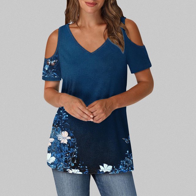 Soki Blouses pour Femmes à Épaules Dénudées Tee Liquidation Manches Courtes Col en V Hauts à la Mode