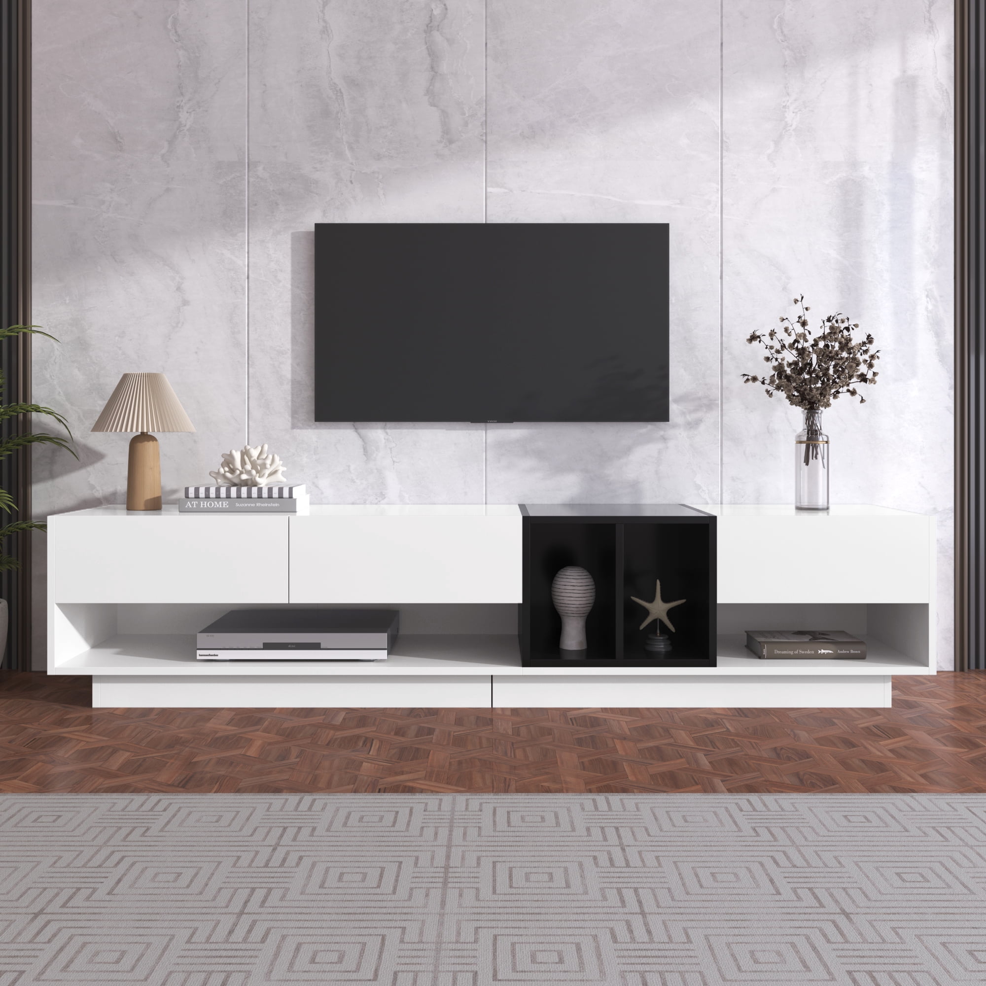 Noble House Meuble TV & Bas, Blanc Brillant & Noir à Blocs de Couleur, Rangement Multiple avec Tiroirs & Compartiments
