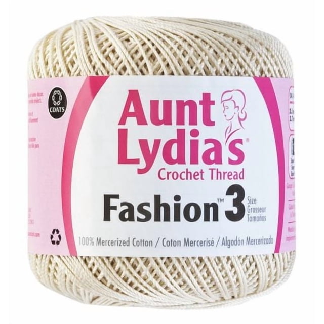 Aunt Lydia Fashion Crochet 182 Size # 3 lustrous, soft 100% mercerized cotton crochet thread, Size 3, 137 m (150 yds) per skein; wound center-pull ball with smooth plied texture on plain background. Often used for crochet lace, trim and delicate accessories.