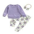 thumbnail image 1 of Baby Girls Spring Fall Clothes Set Solid Color Long Sleeve O-neck Tops Floral Print Trousers Bow-knot Headband, 1 of 6