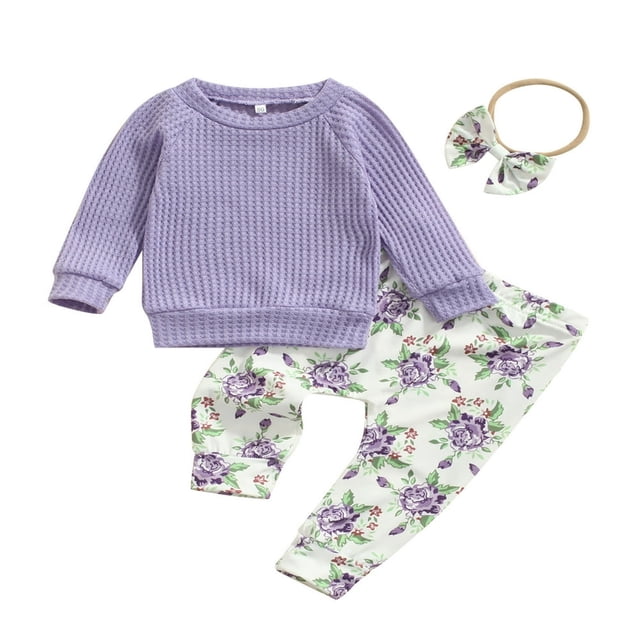 Baby Girls Spring Fall Clothes Set Solid Color Long Sleeve O-neck Tops Floral Print Trousers Bow-knot Headband