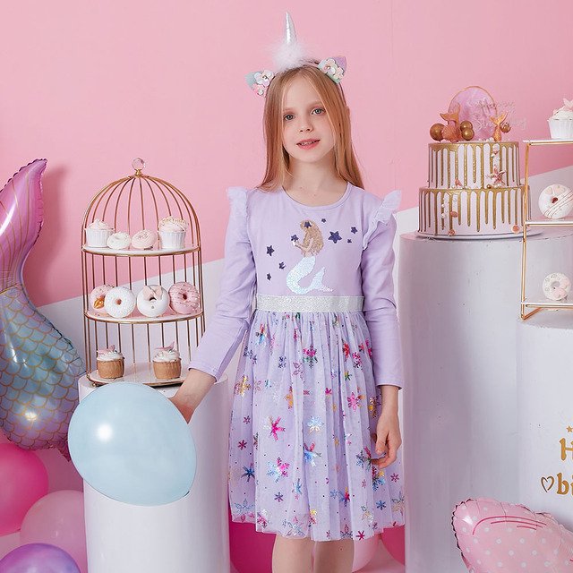 AAMILIFE Robe Princesse pour Filles Unicorn à Paillettes à Manches Longues Robe d'Automne Robe d'Anniversaire pour Enfants Robe de Mariage en Tulle Vêtements pour Enfants