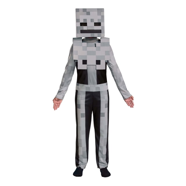 Costume de Squelette Minecraft Classic pour Enfants Conçu pour l'Halloween, Comprenant une Combinaison Grise Pixélisée avec Agrafes Auto-Agrippantes, une Pièce de Poitrine Renforcée et un Masque en Plastique Moulé avec une Bande Élastique. Fait de 100 % polyester et sous Licence Officielle par Disguise Limited.