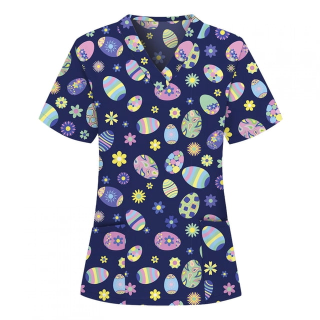 Pisexur Hauts de Sarrau d'Infirmière pour Femmes, Oeufs de Pâques, Lapin, Imprimé, Uniforme de Travail, Manches Courtes, Col en V, Blouse T-shirt de Tenue de Travail avec Poches