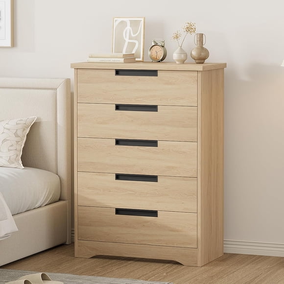 5 Drawer Dresser for Bedroom, Natural Oak Chest of Drawers with Built-in Handles, Wooden Closet Dresser for Living Room, Nursery, Hallway and Entryway