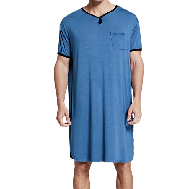 Men V-neck Long Sleeping Shirt, Solid Color Short Sleeve Split Hem Sleepwear