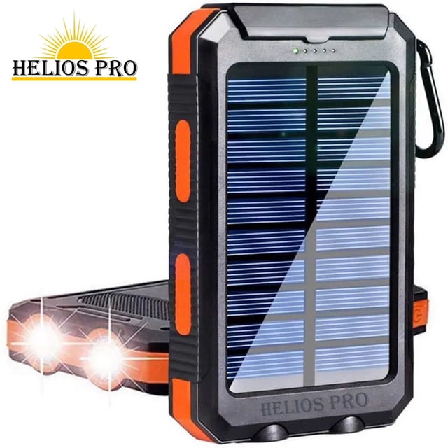 HELIOS PRO Solar Charger Power Bank – 20000mAh | S1008D with a rugged black and orange design, featuring a solar panel for emergency charging, dual USB ports, USB-C input/output, and QC3.0 fast charging. Includes a built-in LED flashlight with Steady, Flashing, and SOS modes. Compact, weatherproof, and ideal for outdoor adventures or emergencies.