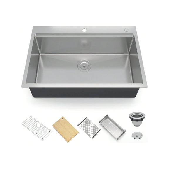 Eastvita 30 33 Inch Undermount Kitchen Sink 16 Gauge Single Bowl Stainless Steel Kitchen Sink with Integrated Ledge Accessories (Pack of 6) 16 Gauge Stainless Steel Sink Drop-In or