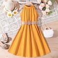 thumbnail image 2 of biudgviw Robe d'Été pour Filles Sans Manches à Col Licou, Épaules Dénudées, Ceinturée, Robe Trapèze Midi Décontractée, Robe Soleil 6-13 Ans, 2 of 3