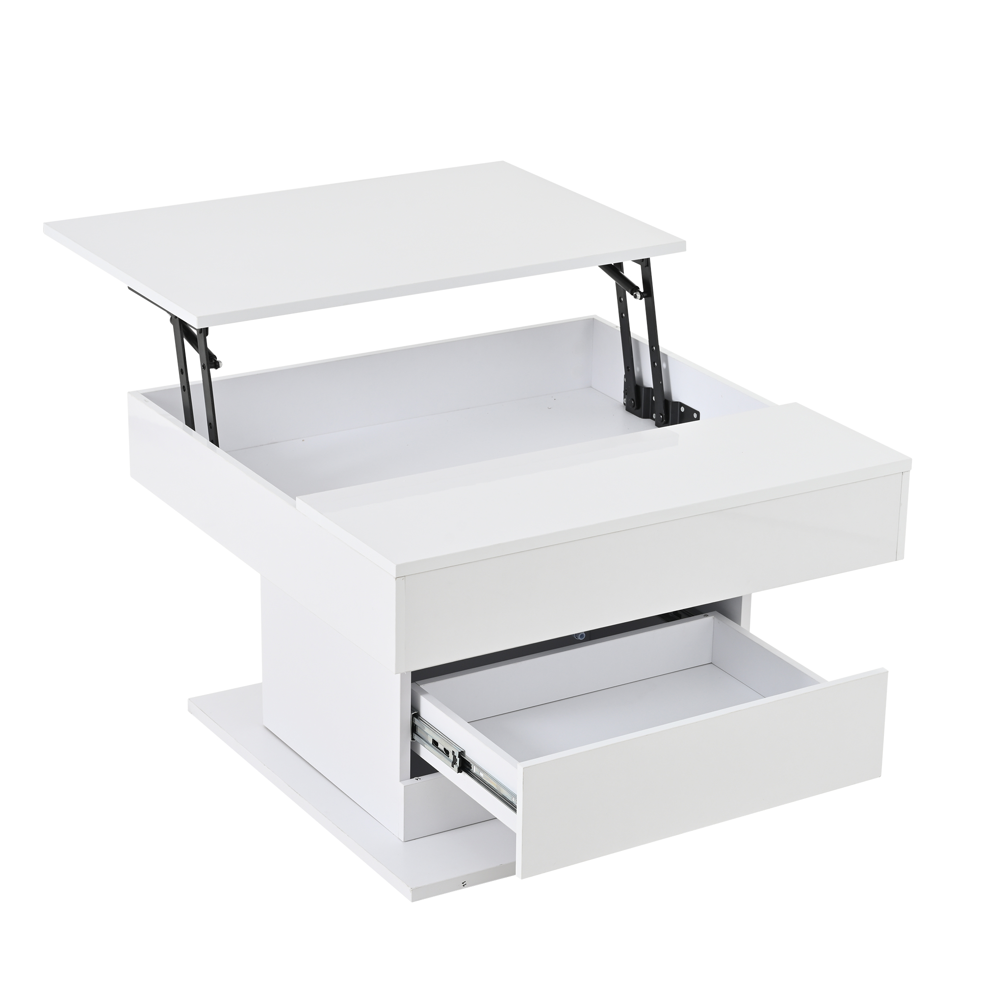 Homy Casa 27.5-Inch Square Lift-Top Coffee Table, 360° Rotating High-Gloss Top, Hidden Storage and Drawer, White and Natural Wood