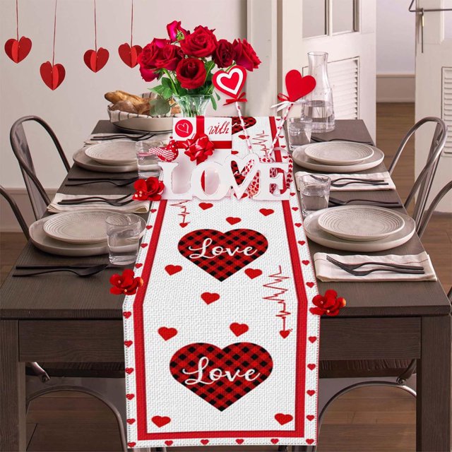 Boovnll Valentines Day Table Runner, 13x35" Valentine's Day Printing Table Runner, Valentines Table Runner for Holiday Kitchen Dining Table, Party Decor, Valentines Day Decorations