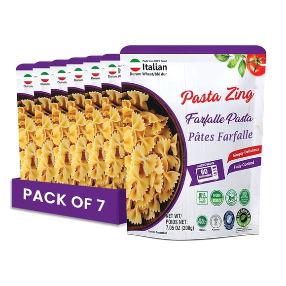 Pasta Zing Farfalle Pasta – Fully Cooked Bow Tie Pasta, Microwave Ready in 1 Minute, Made with 100% Italian Durum Wheat, Non-GMO, No Preservatives, Halal & Kosher – 7.05 oz (Pack of 7)
