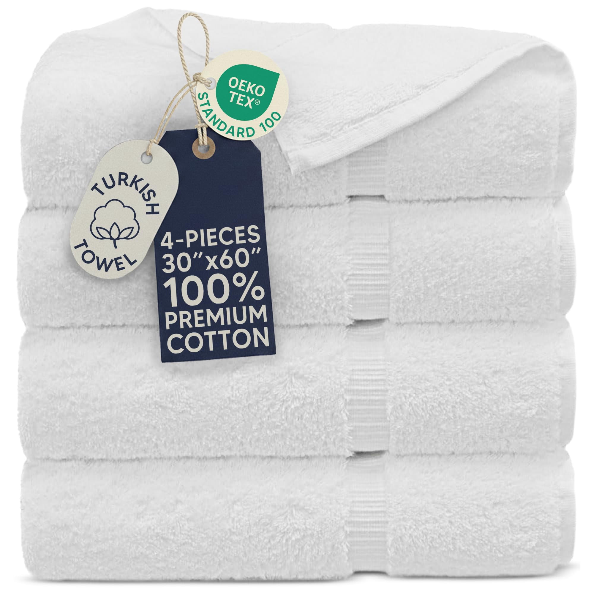 Towel Bazaar 4-Piece Extra Large Bath Towel Set, Premium Cotton Turkish Towels, 30x60 Luxury Towel Super Soft and Absorbent, Perfect Use for Bathroom, Shower Towels - Wh