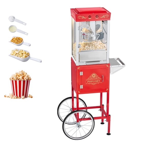 KFFKFF Machine à Maïs Soufflé avec Chariot, Bouilloire en Acier Inoxydable de 8 Oz, Fabricant de Maïs Soufflé Commercial de 800 W, Popper Style Cinéma de 48 Tasses par Lot, Rouge