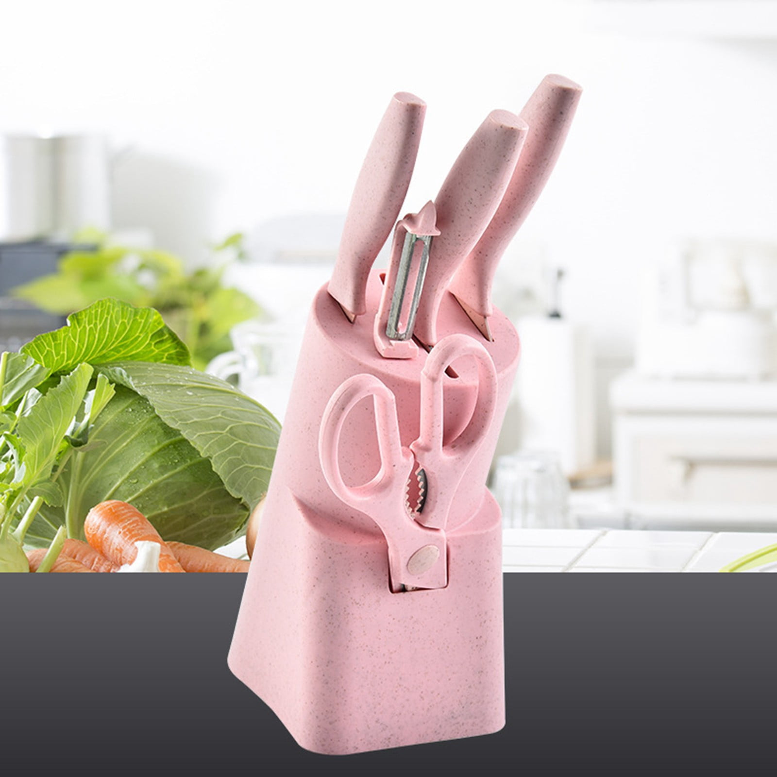 Kitchen Knife Set, EDHITNR 6-Piece Stainless Steel Pink Knife Set with Block, Non-Slip Ergonomic Handle Chef Paring Bread Knives Multipurpose Kitchen Cutlery