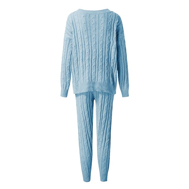 Womens Ladies Solid Round Neck Cable Knitted Warm 2PC Loungewear Suit Sets