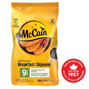 McCain® 9 Minutes No Flip Onion & Potato Frozen Breakfast Patties, Made in Canada from domestic and imported ingredients, 600g
