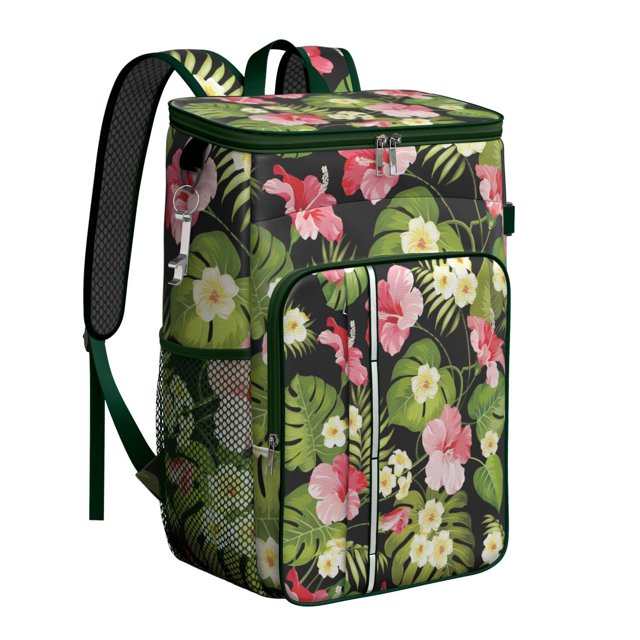 Exotic Floral Insulated Cooler Backpack, Leakproof Lunch Bag with Tropical Flower Pattern for Hiking and Beach