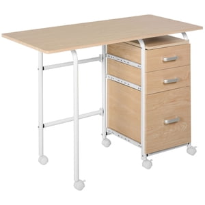 HOMCOM Bureau d'ordinateur pliable avec tiroirs, Table d'étudiante exécutive avec plateau de rangement, 6 Roues pour Chambre à coucher Home Bureau Poste de travail, Naturel