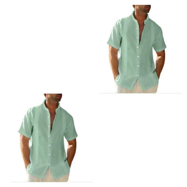 pitrice Men Shirt Casual Short Sleeve Breathable Replacement Button Down Solid Color Fashionable Home Dating Shirts Top Green L 2Set