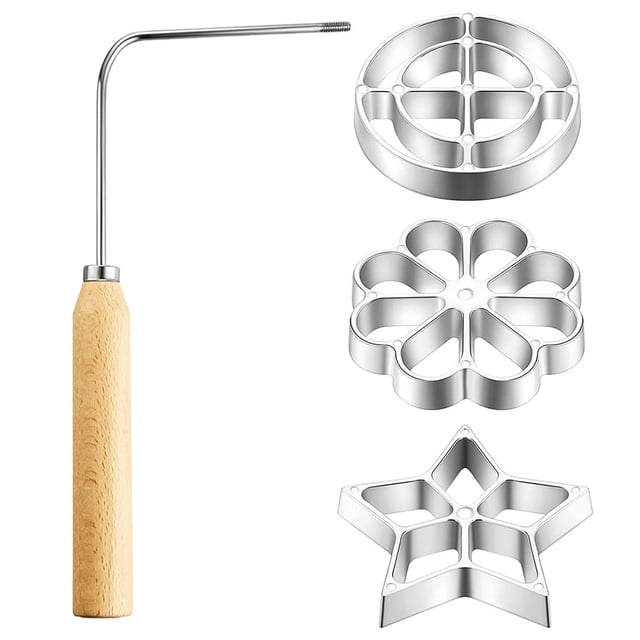 YOPTOP Ensemble de 4 Moules à Gaufres en Métal avec Poignée en Bois Outil Durable pour Rosette Biscuits Étoile Fleur Cercle Accessoires de Cuisine pour Pâtisserie Cuisson